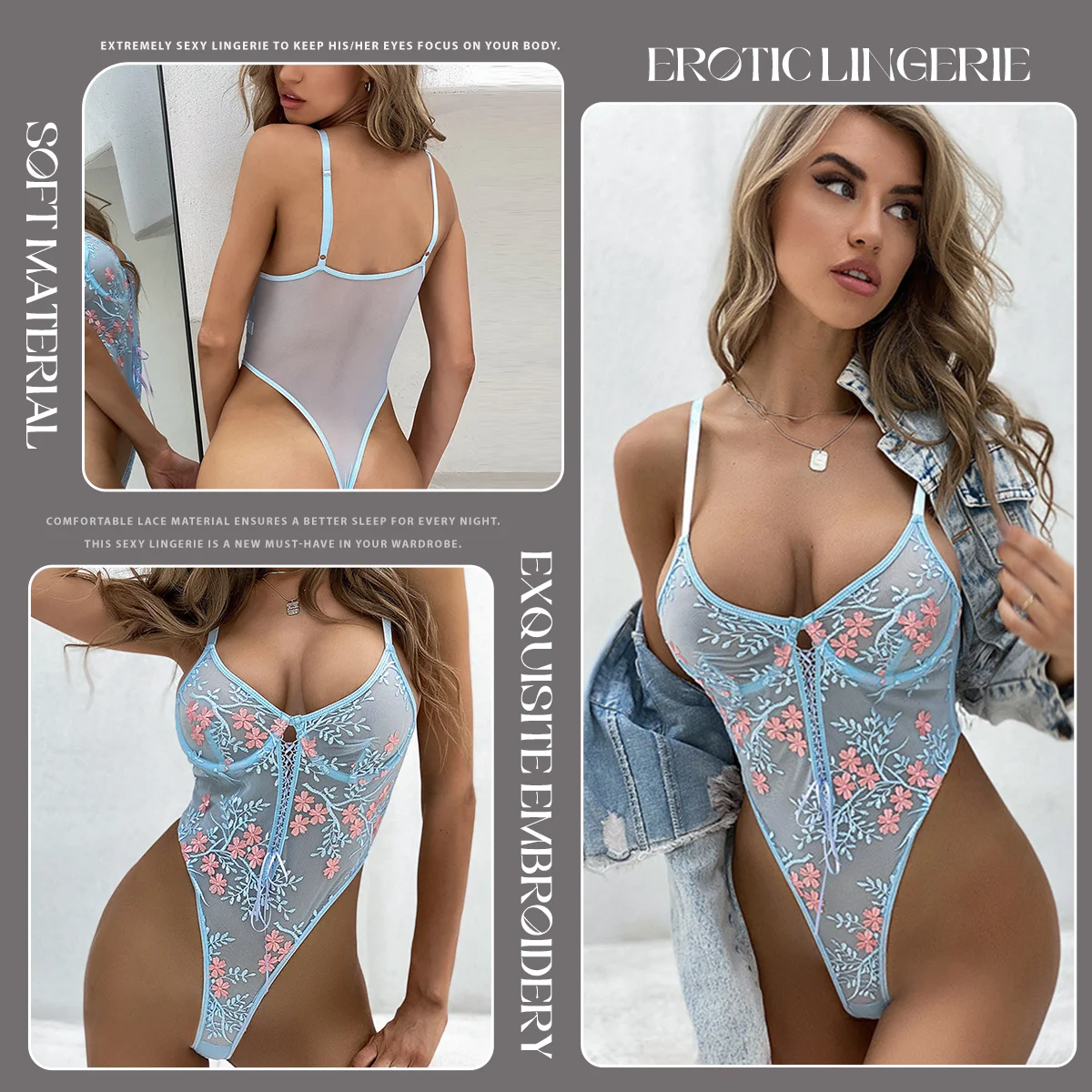 Open Bra Women Sexy Lingerie Bra Outfit Babydoll Lace Sleepwear Mesh Floral See-through Teddies Bodysuit Erotic Costumes Female