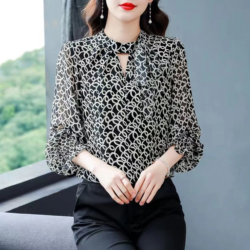 Women Hollow Lace Up Floral Print Elegant Chiffon Blouse Spring Summer Fashion Casual Sweet Thin Shirts Long Sleeve Tops Female