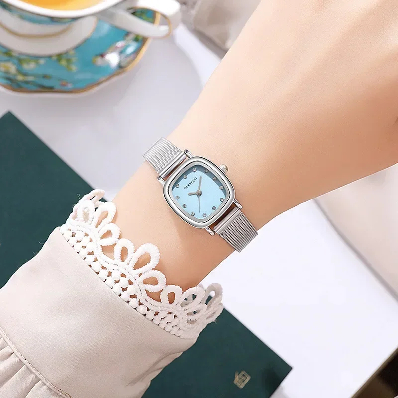 Montre à quartz carrée avec cadran en biscuits brillant pour femme, montres-bracelets à quartz avec ceinture en maille élégante, montre simple pour étudiant, mode