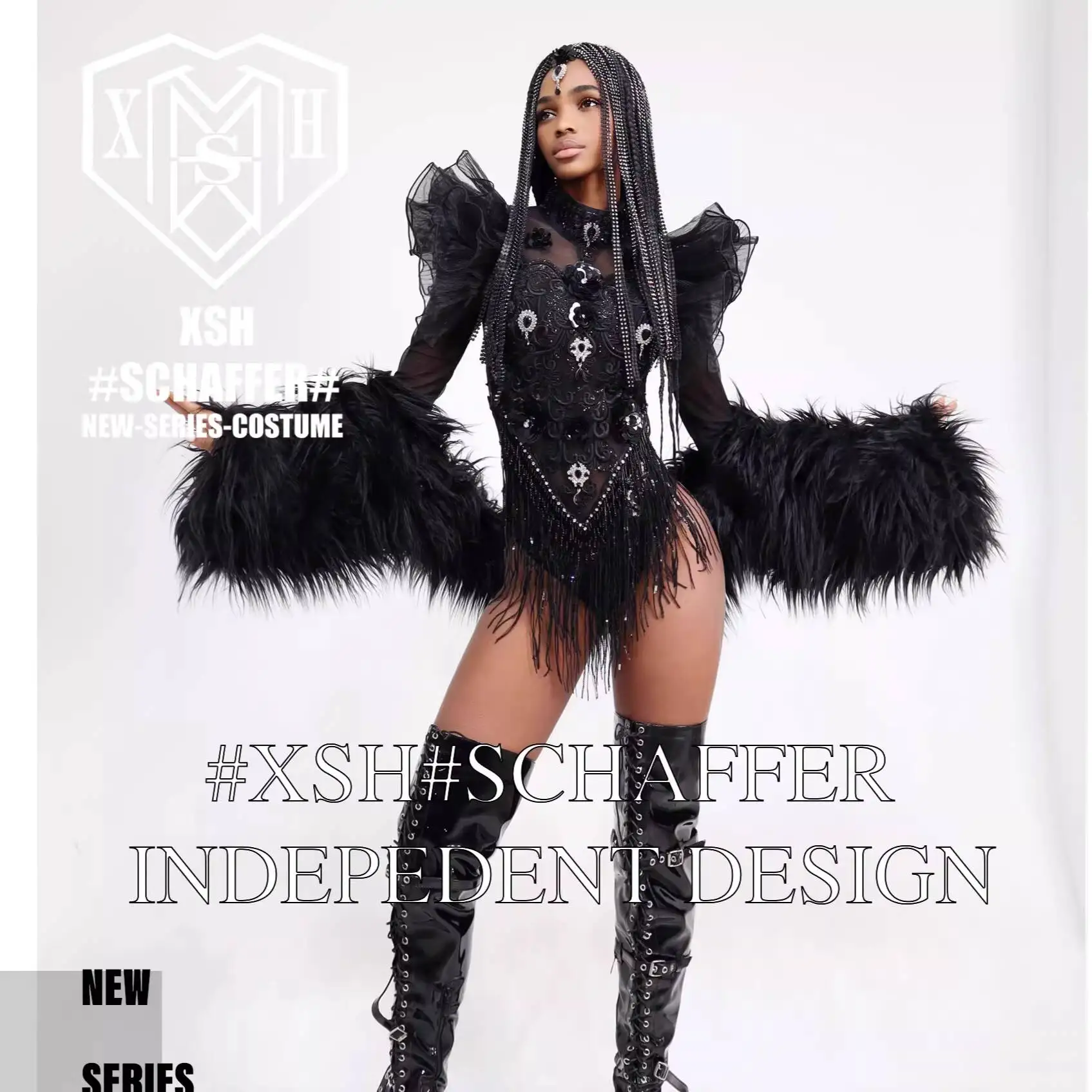 Halloween Bar Gogo Women's Sexy Nightclub Black Lace Fringe Furry Sleeves DS Singer Personality Performance Costume Custom view 5