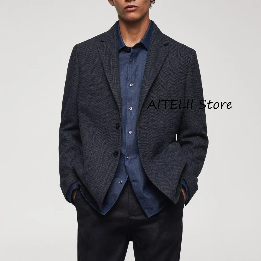 

Повседневные пиджаки с двумя пуговицами, мужские куртки высокого качества, большая ткань «елочка», квадратные карманы, официальные мужские костюмы-пальто