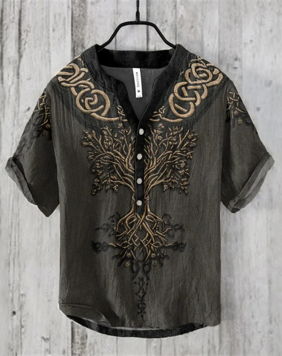 2025 Summer New Art Print pattern men's 100% linen shirt button large V-neck short-sleeved comfortable shirt - Image 2