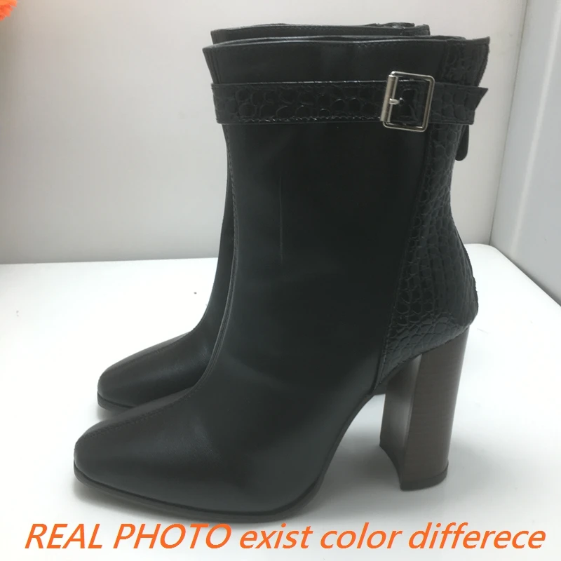 Girseaby Women Fashion Pointed Toe Ankle Boots 10cm Thick Heels Leather Buckle Big Size US16 45 47 49 50 White Brown Blue Party