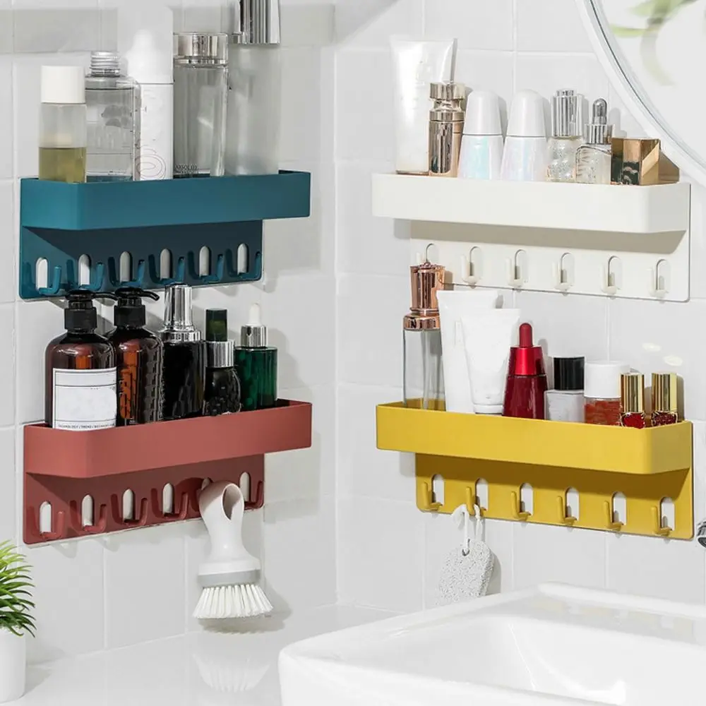 Creative Bathroom Shelf Wall-mounted Toilet Rack with Hooks Portable Shampoo Makeup Storage Holder Kitchen Organizer