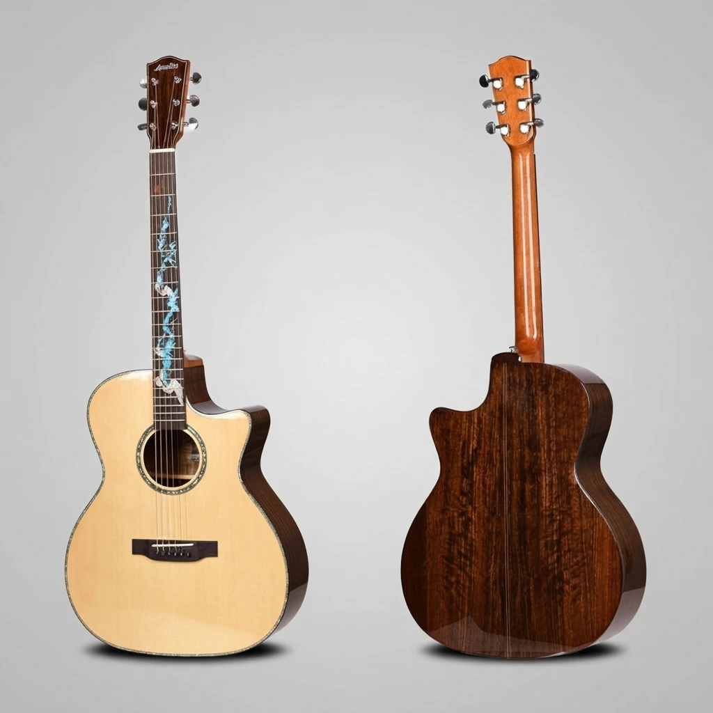 GA Cutaway Acoustic Guitar Natural Gloss Top Dark Brown Back Blue Vine Inlay Shell Binding 6 Strings for Beginners, Practice