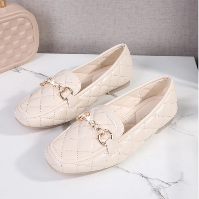 

Women's Loafers French Square-toe Pumps Stylish Pearl Buckles Diamond Pattern Faux Leather Casual Shoes Soft Sole Slip-on Flats