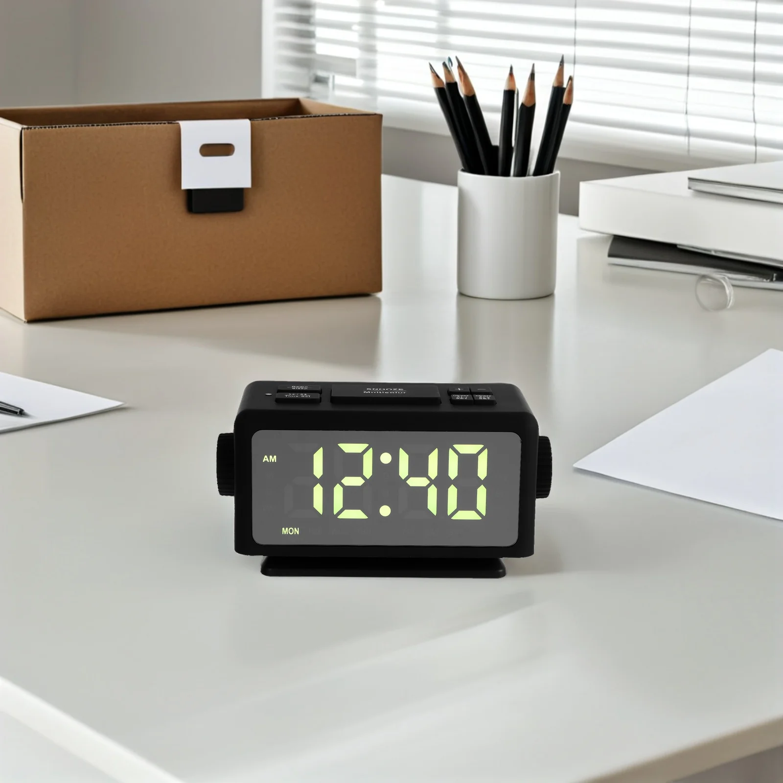 

Radio Alarm Clock Digital Mirror LED USB Output Large Screen Time Weekday Show Dual Alarms for Bedroom