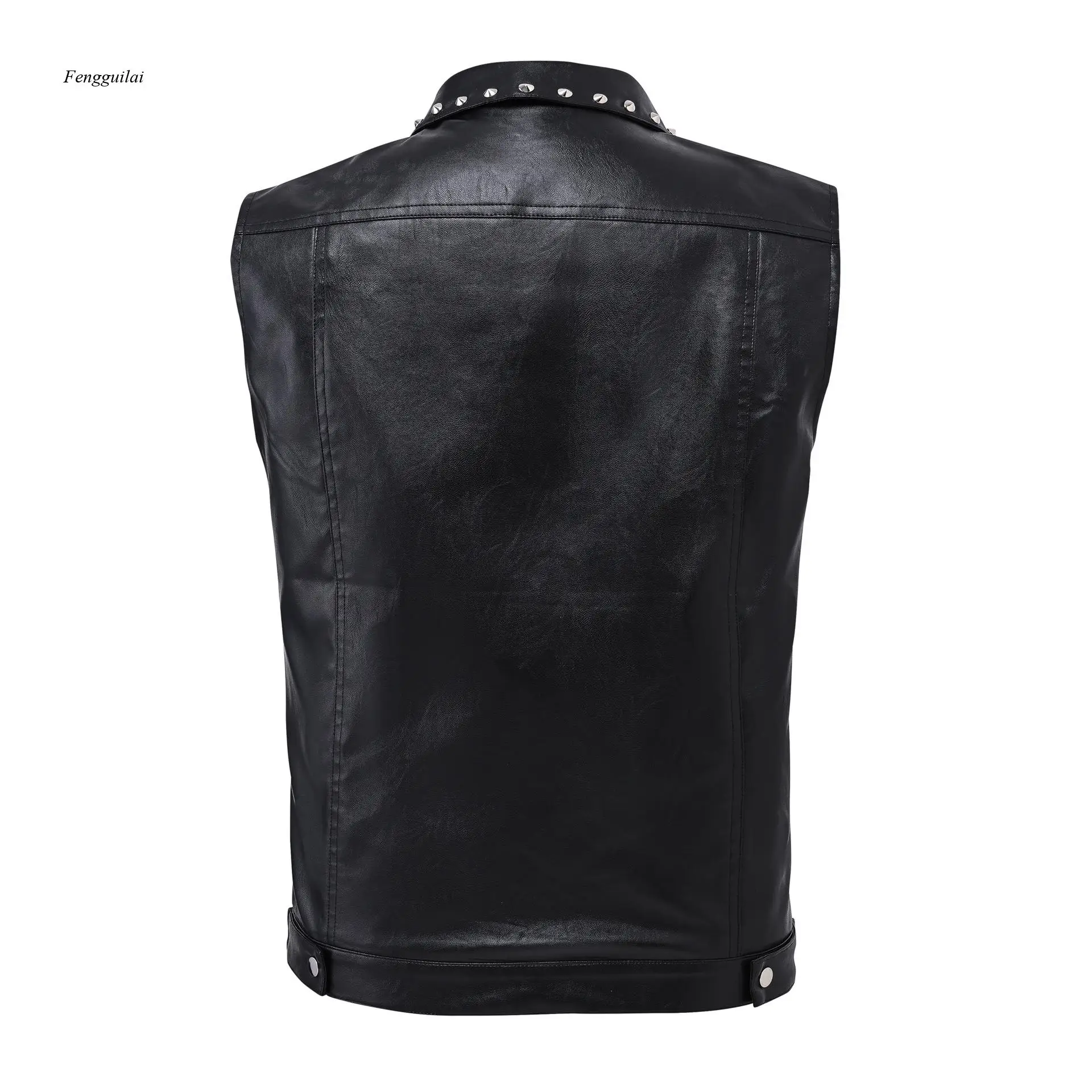 Vintage Men's Faux Leather Biker Vest - Heavy Duty Studded Sleeveless Waistcoat with Multiple Pockets
