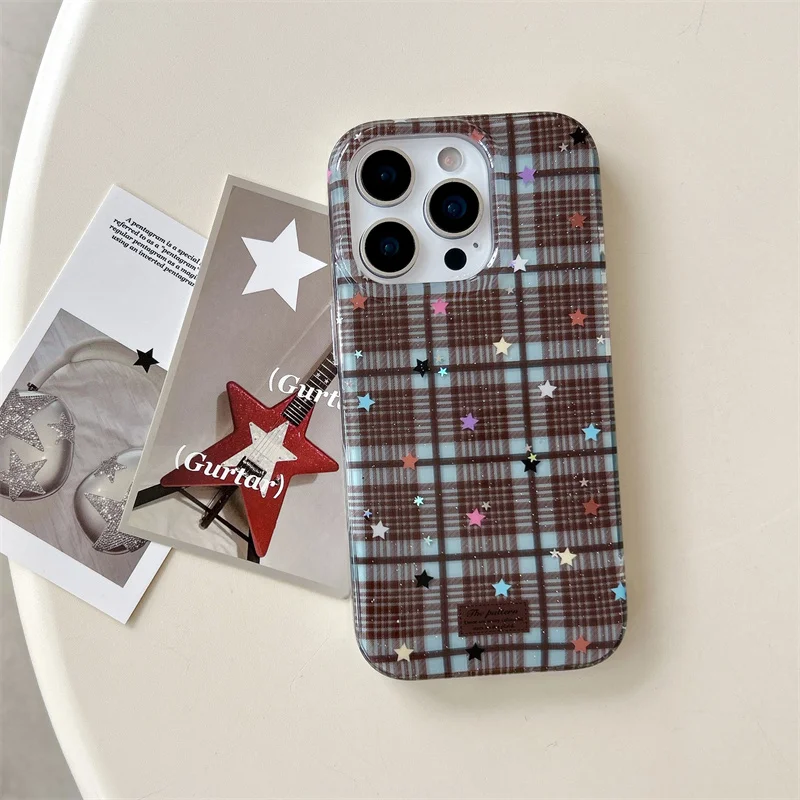Coreano bonito 3d estrela xadrez padrão caso de telefone para iphone 17 pro 14 15 16 pro max capa com grânulo mão corda casos à prova de choque funda