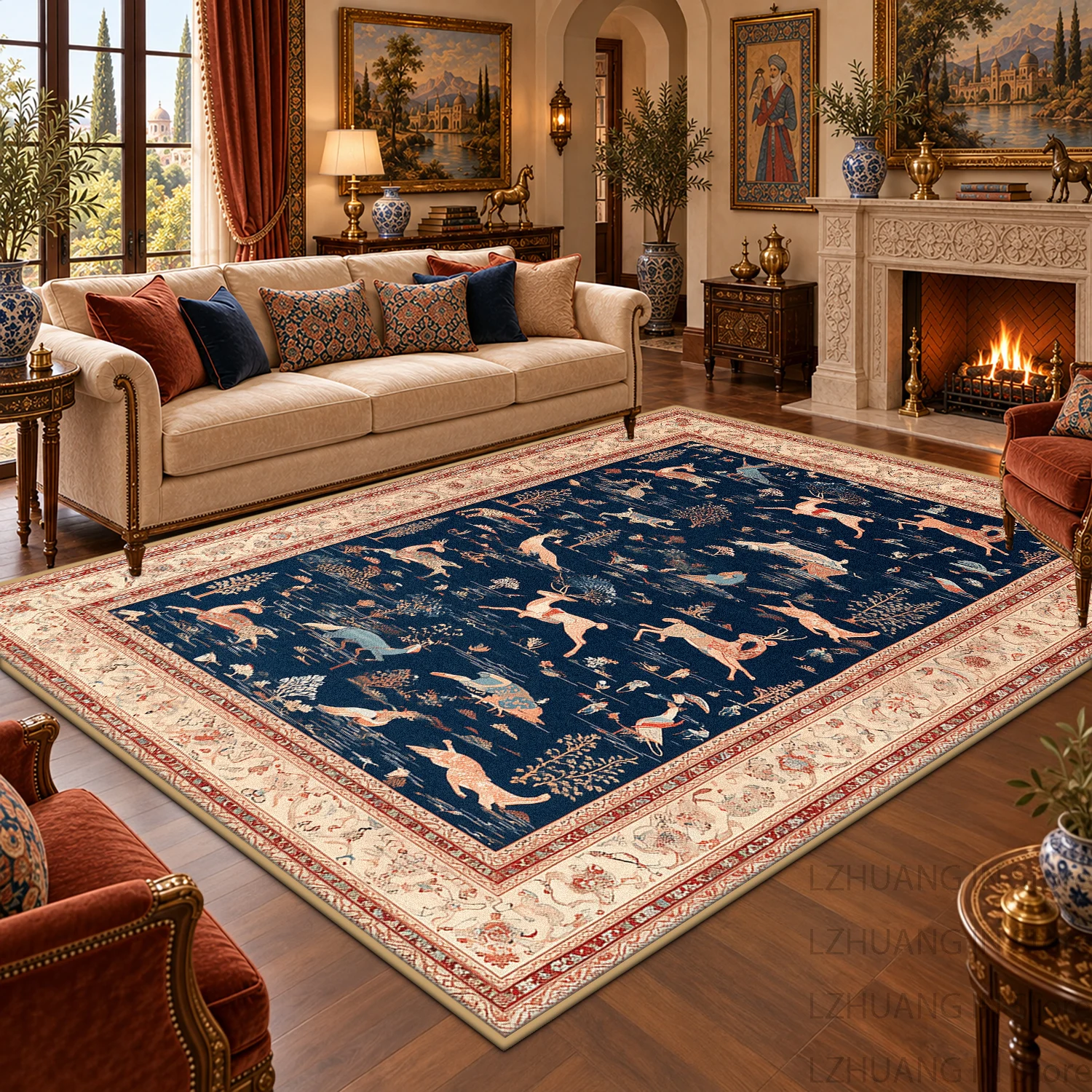 Washable Traditional Oriental Decor Mat Persian Tree of Life Animal Pattern Large Carpet Soft Velvet Non-slip Living Room Rug