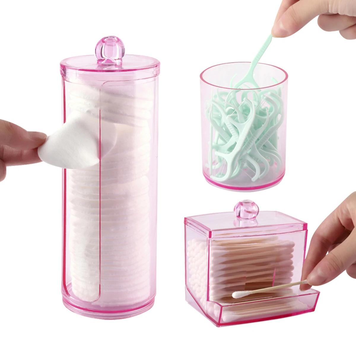 1/3 Pcs Acrylic Qtip Holder with Lid Clear Pink Cotton Pad Holder Bathroom Makeup Organizers Containers Storage Box