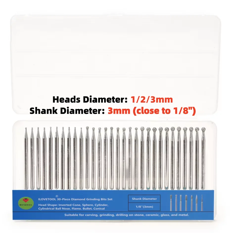 30Pcs 1‑2‑3mm Round Ball Diamond Drill Bits Kit 1/8
