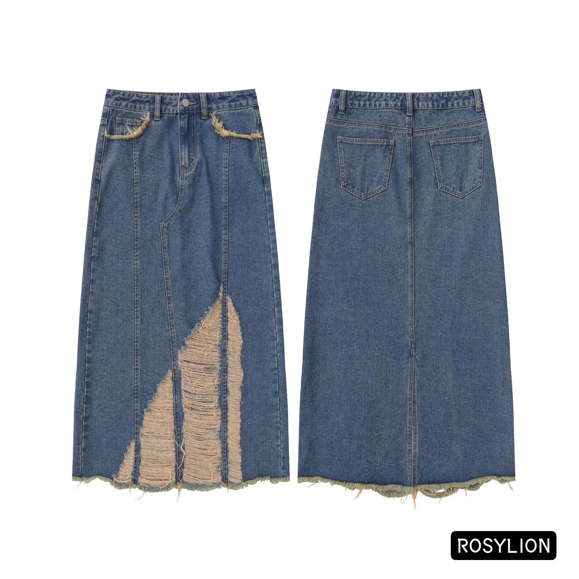 Ladies Retro American Denim Long Skirt Women Cut Washed Distressed Casual Loose Fashion Long BF Style Skirt Blue Streetwear