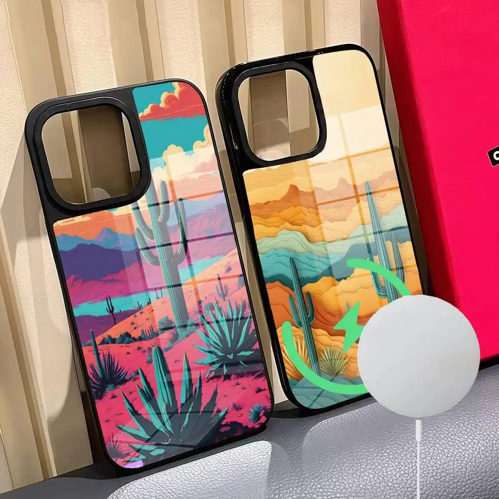 

Desert And Cacti Art Phone Case For Iphone 16 15 14 12 11 13 Pro Max Mini Puls Magnetic Glass Cover