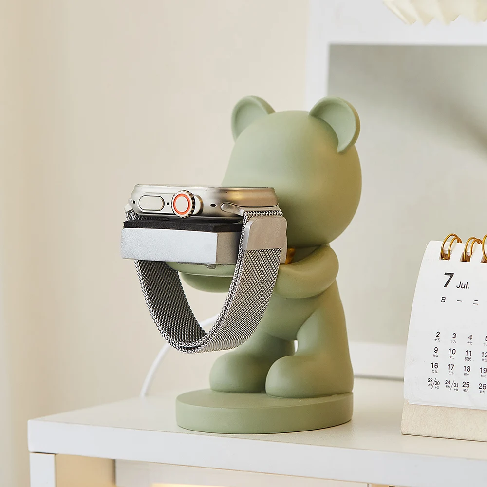 Cute Matcha Bear Watch Stand Office Workstation Desk Bedroom Decorative Ornament