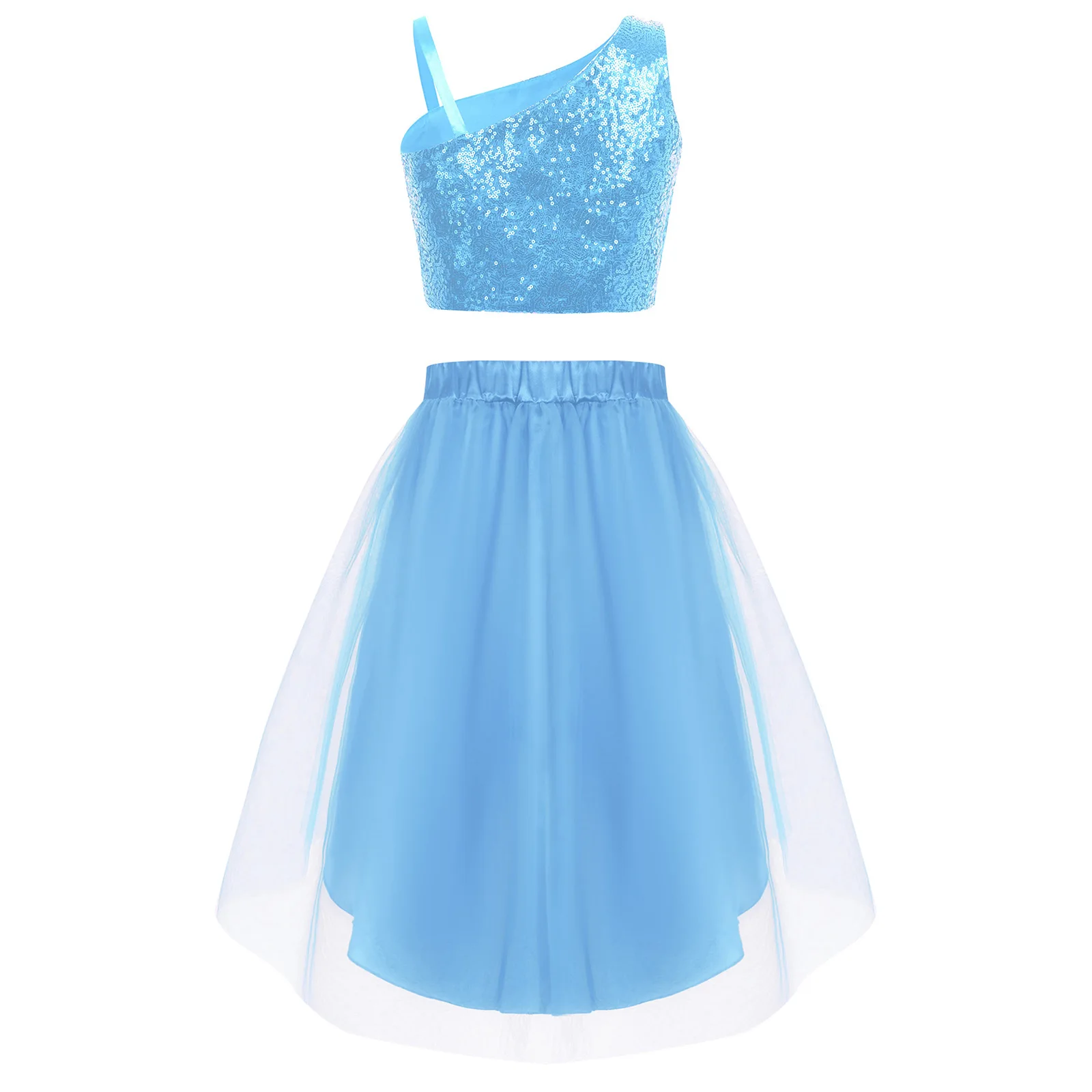 Vestito da balletto per ragazze Top con paillettes scintillanti + Gonna in tulle Tutu per bambini Abiti da pattinaggio di figura Set di costumi per spettacoli