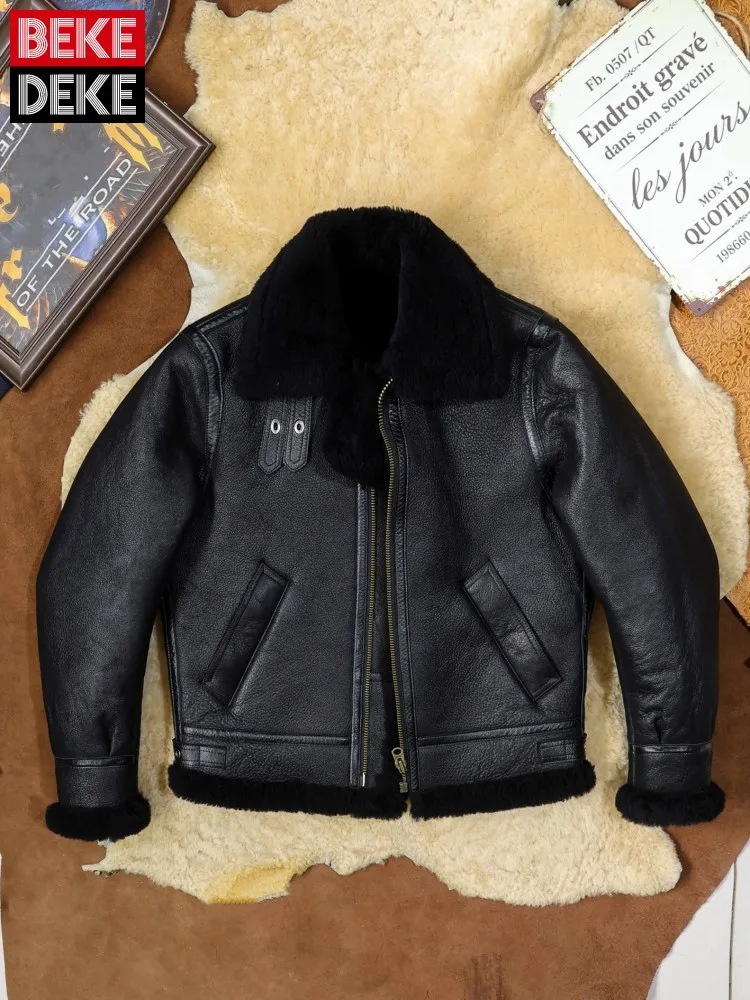 Winter Mens Retro Real Wool Fur Jacket Natural Sheepskin Bomber Jackets Lapel Males Black Genuine Leather Moto Coat Thick Warm