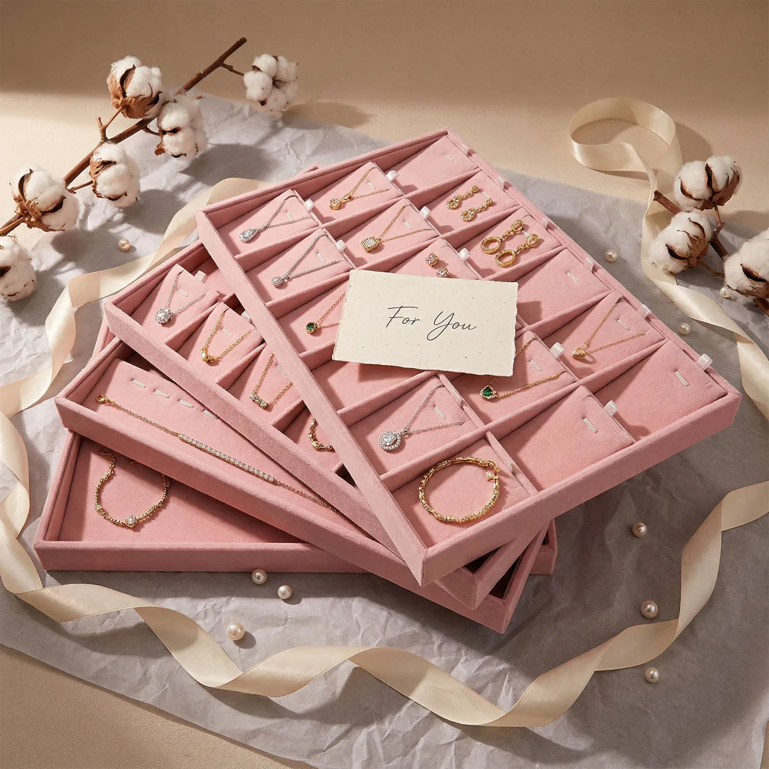 Pink Velvet Stackable Jewelry Trays Grids Rings Earrings Bracelet Watch Showcase Display Tray for Presentation Selling Store