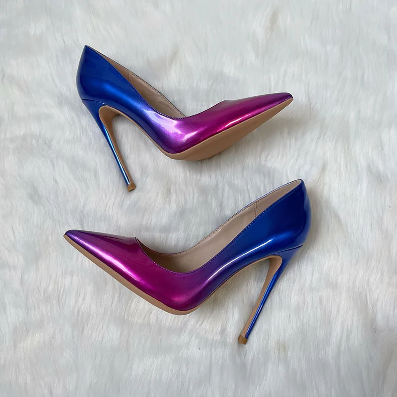 

Free shipping TOMONYE purple gradient blue patent leather evening shoes for women ladies shoes 12cm high heels مضخات أحذية