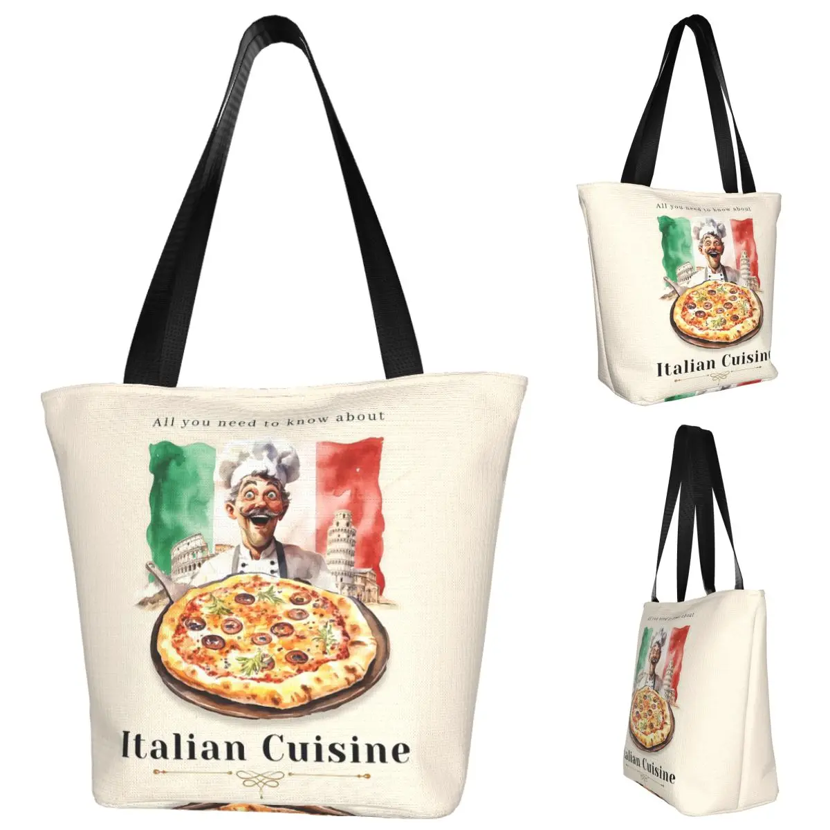 

Italian Flag Pizza Shopping Tote Bag Canvas Large Capacity Shoulder Bags Shopper Grocery Handbag for Women