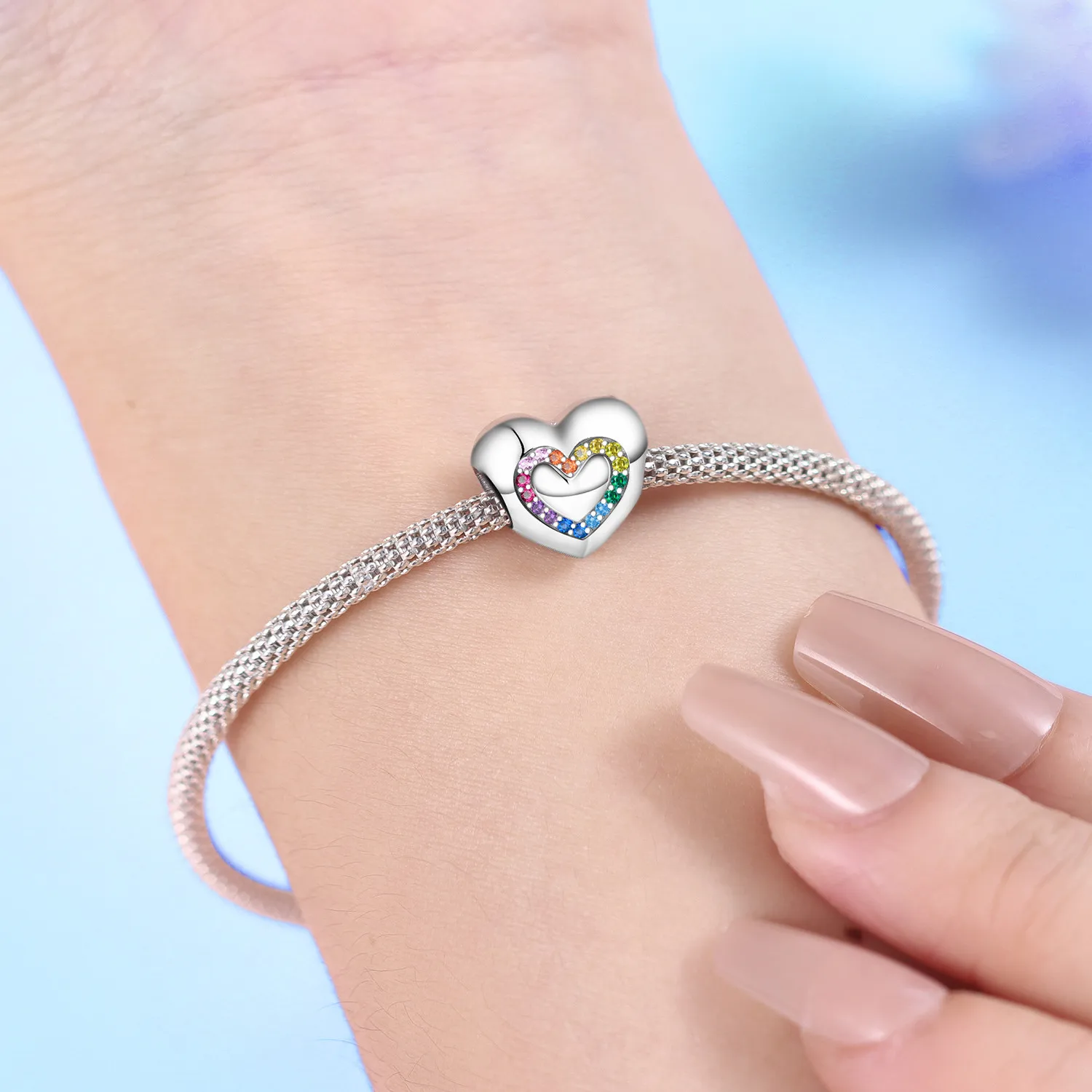 925 Sterling Silver Heart Shaped Rainbow Love Beads Fit Bracelets Decoration DIY Birthday Party Gift Jewelry Bracelet Accessory