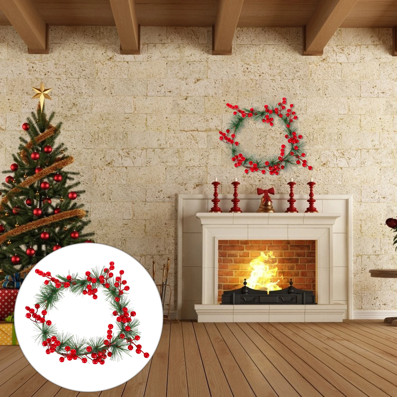 

1pc Red Berry Garland Christmas Wreath Artificial Wall Hanging Decor Festival Xmas Door Fireplace Decoration Lightweight