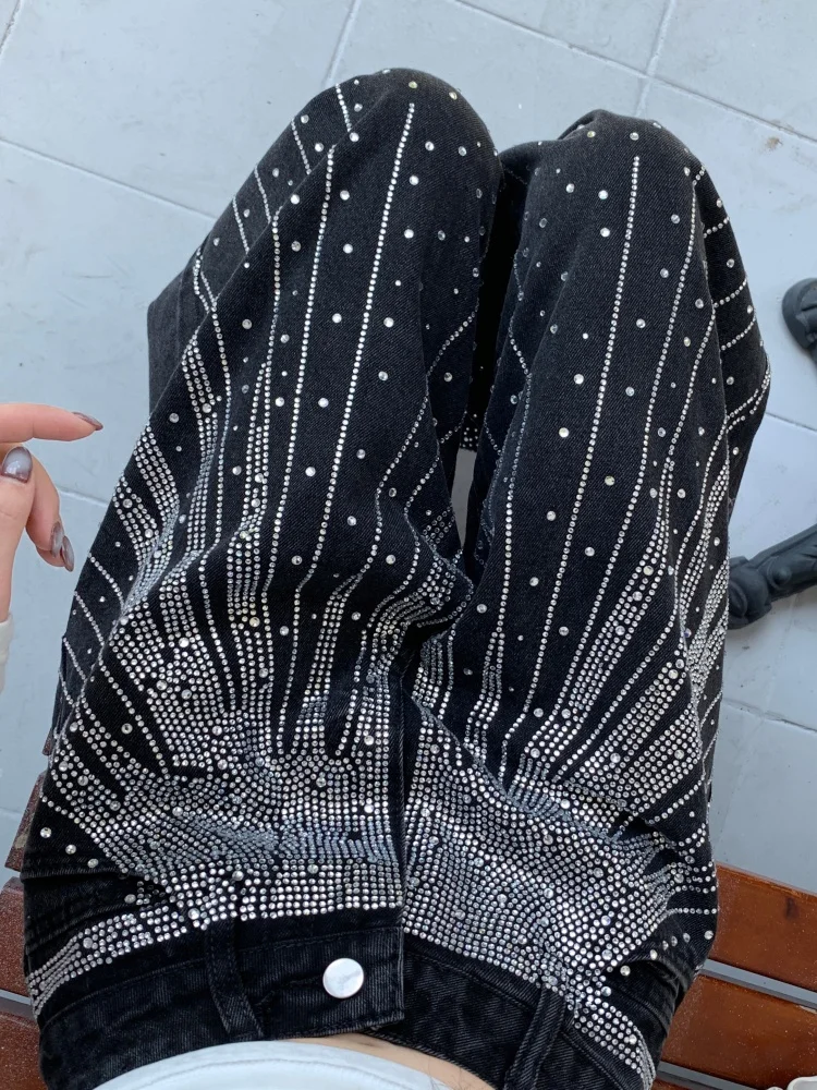 2025 로파 Y2K 스타일 배기 핫픽스 라인스톤 배기 스택드 진 팬츠 여성 의류 와이드 레그 럭셔리 고딕 레이디 트라우저