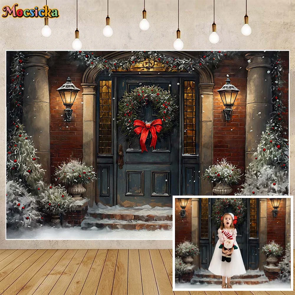 

Mocsicka Christmas Winter Backdrop for Photography Vintage Door Wreath Xmas Tree Snow Outdoor Children Portrait Photo Background