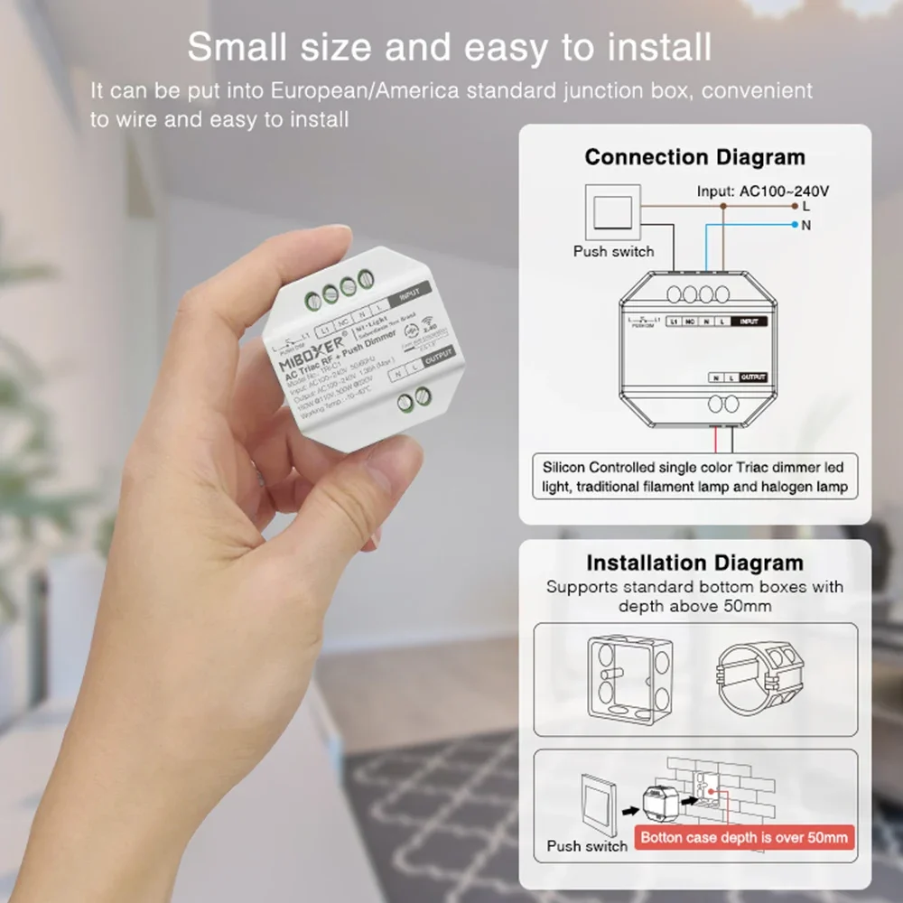 MiBoxer TRI-C1/ TRI-C1WR/ TRI-C1ZR AC Triac Dimmer RF Push Dimmer 110-240V App /Voice /Remote Control for LED Bulb Lights - view 2