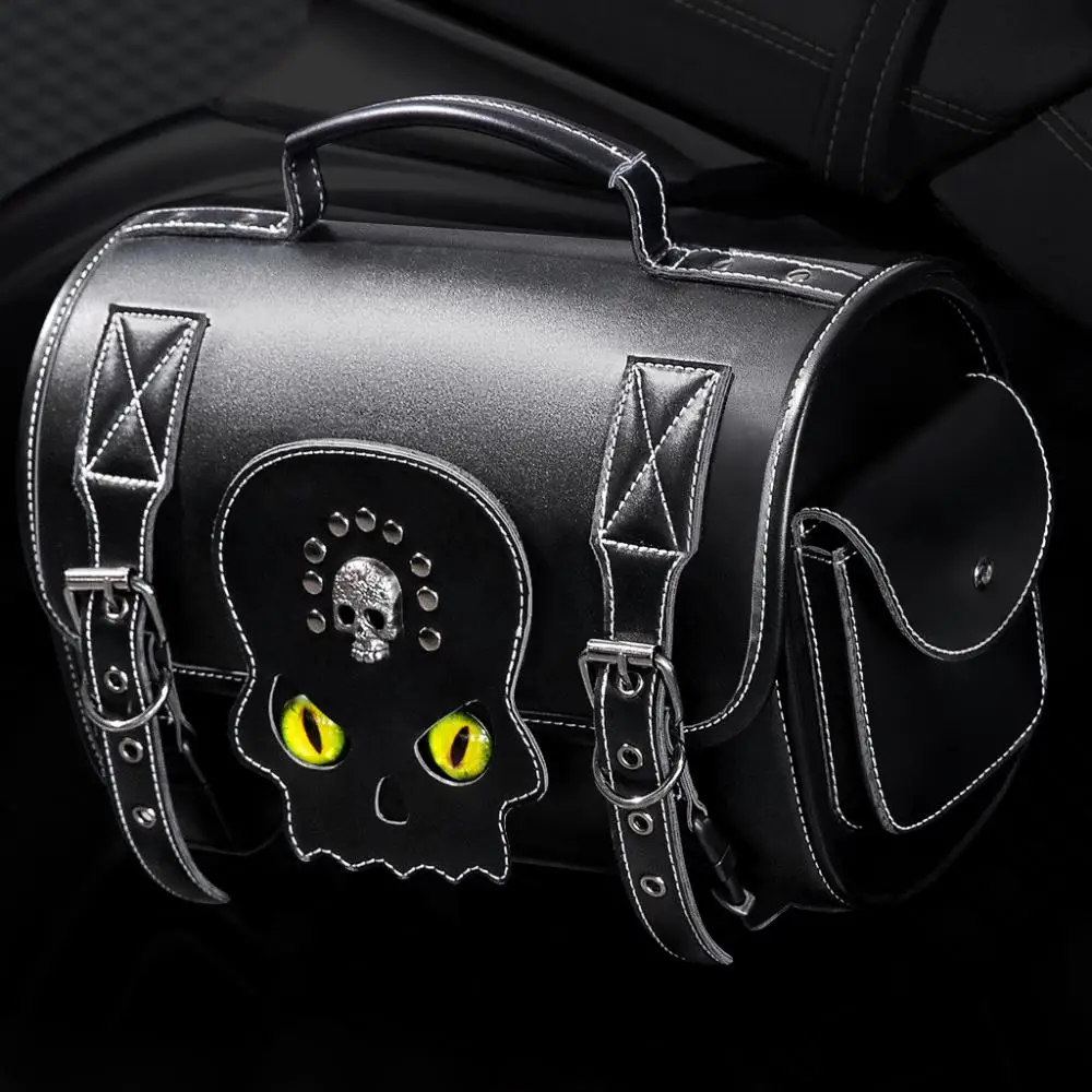 Bicycle Motorcycle Hanging Bag Outdoor Riding Equipment Skull Logo Cat Eyes Decoratived PU Leather Rucksack Steampunk Punk Style