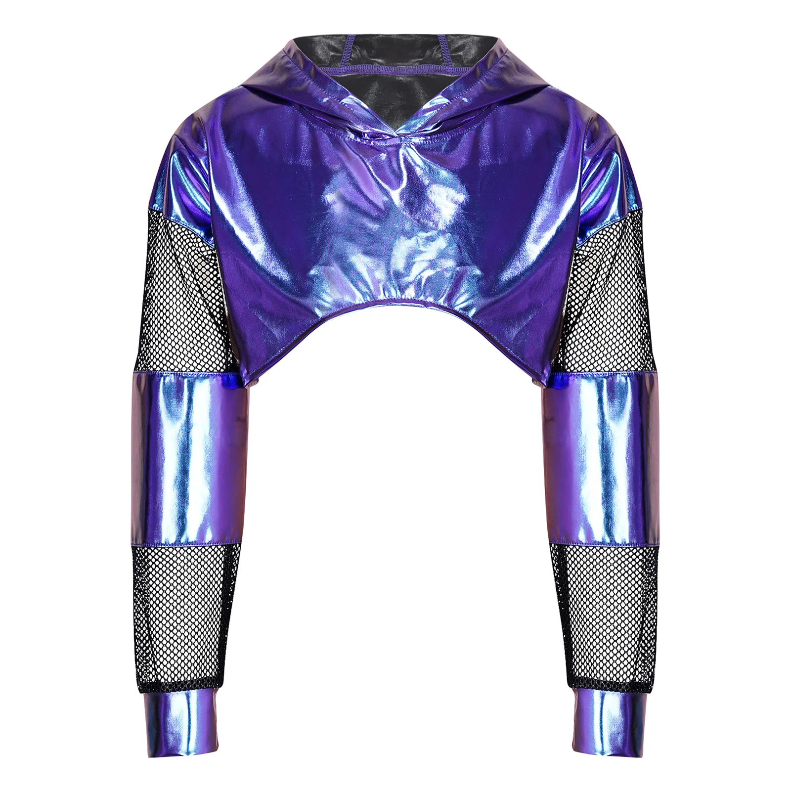 Kinder Mädchen Metallic Hoodie Hip-Hop Jazz Dance Performance Kostüm Mesh Patchwork Langarm Kapuzenpullover Crop Top Sweatshirt – Detail 16