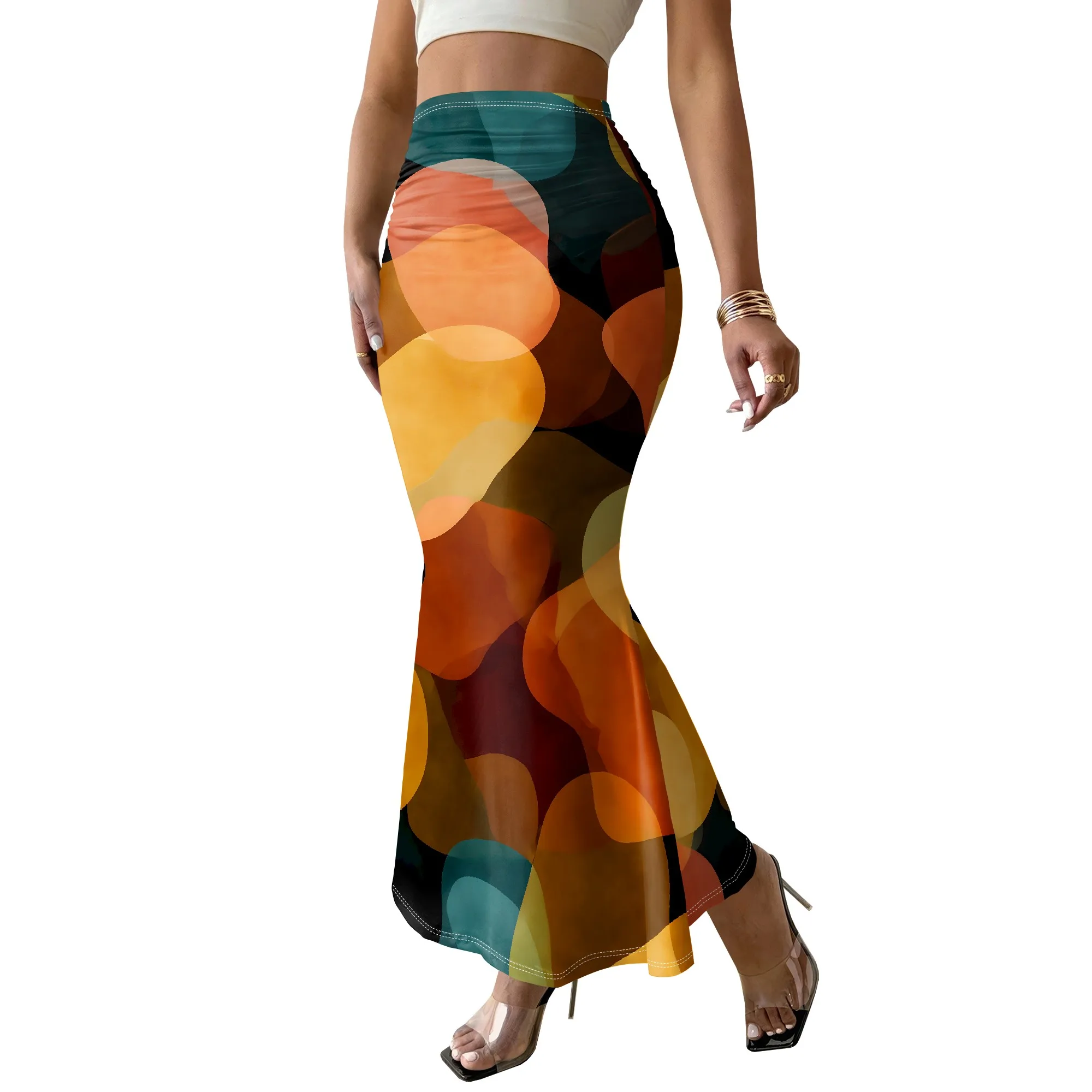 Boho Printed Mermaid Skirt, Abstract Art Midi Skirt, Vintage Style Long Skirt, Summer Beach Wear, S-3XL