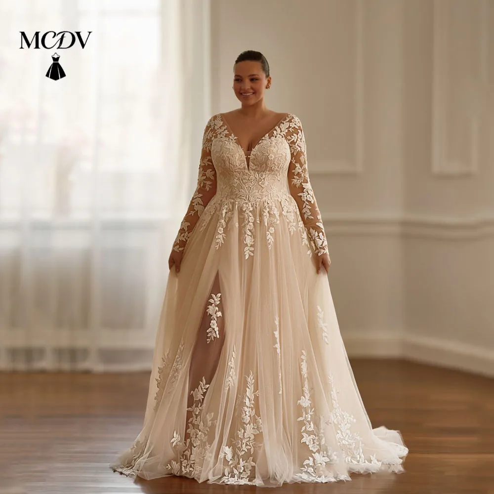 Vestidos de novia color champán, talla grande, cuello en V, mangas largas, apliques, cola larga, vestido de novia con brillo, personalizadoVestidos de novia de champán, talla grande, cuello en V, manga larga, apliques,