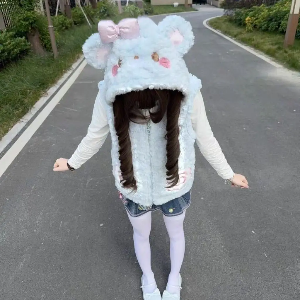 Japanese Soft Girl Plush Rabbit Ears Hooded Vest Spring New Bow Print Sleeveless Thermal Vest Zip Up Hoodie Women Vest Y2k Top