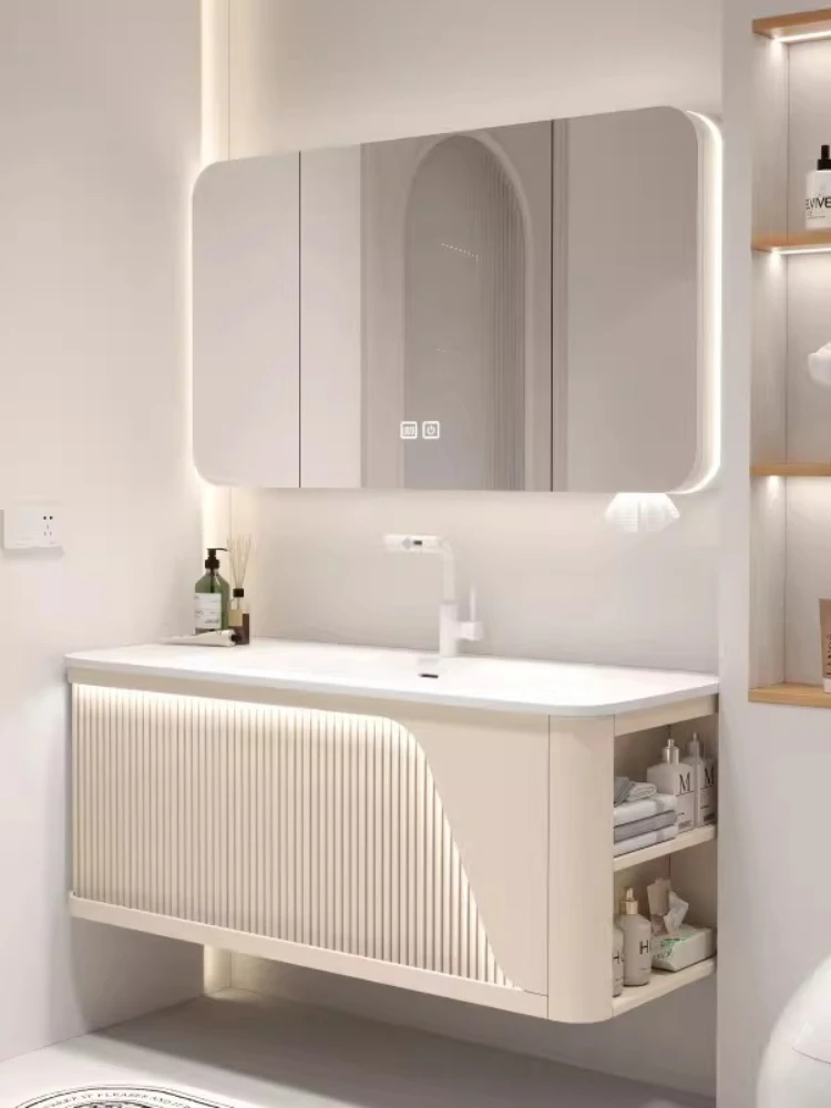 

Rounded corner integrated basin bathroom cabinet combination high-end solid wood oak Italian bathroom Corian basin