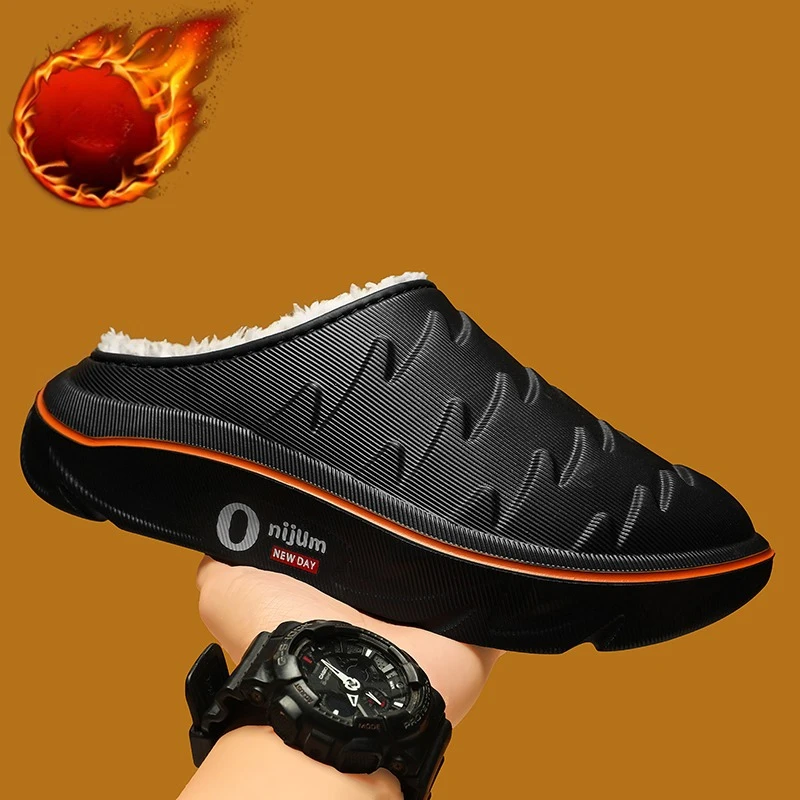 Warm Plush Clogs for Men Casual Winter Cotton Slippers Mens Anti-slippery Waterproof House Slipper Comfortable Slip On EVA Shoes