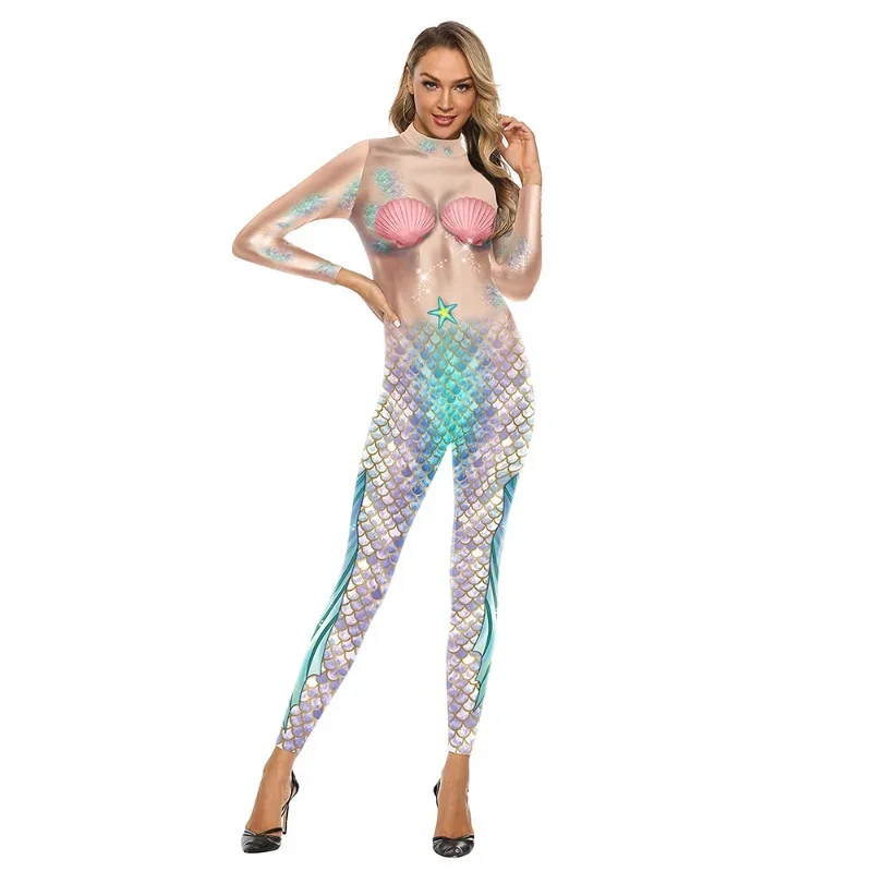 Women Mermaid Fish Scale Ocean Animals 3D Printed Jumpsuit Halloween Cosplay Costume Slim Suit