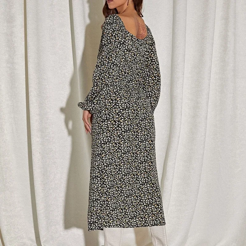 Retro V-Neck Long Sleeve Floral Dress Spring Autumn Women Sexy Split Dresses Office Lady Black Elegant High Waist Princess Dress