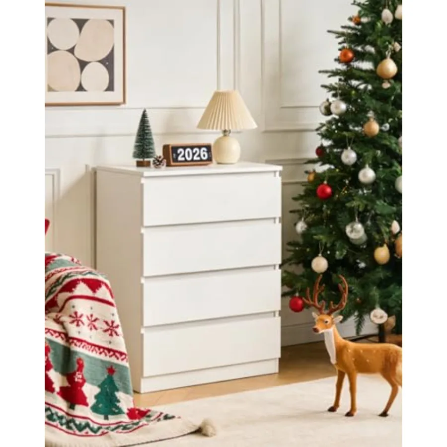 

Modern Wood Dresser for Bedroom with 4 Drawers White Storage Cabinet No Handle Anti-Tipping Device Ideal for Girls' Room Living