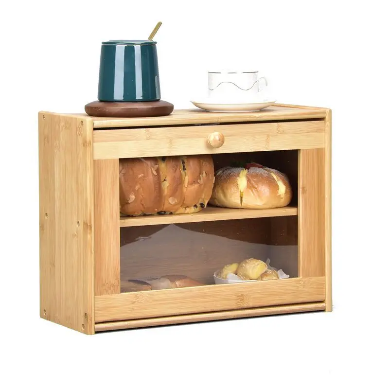 Bamboo household kitchen double-layer bread box desktop condiment storage transparent glass square bread box