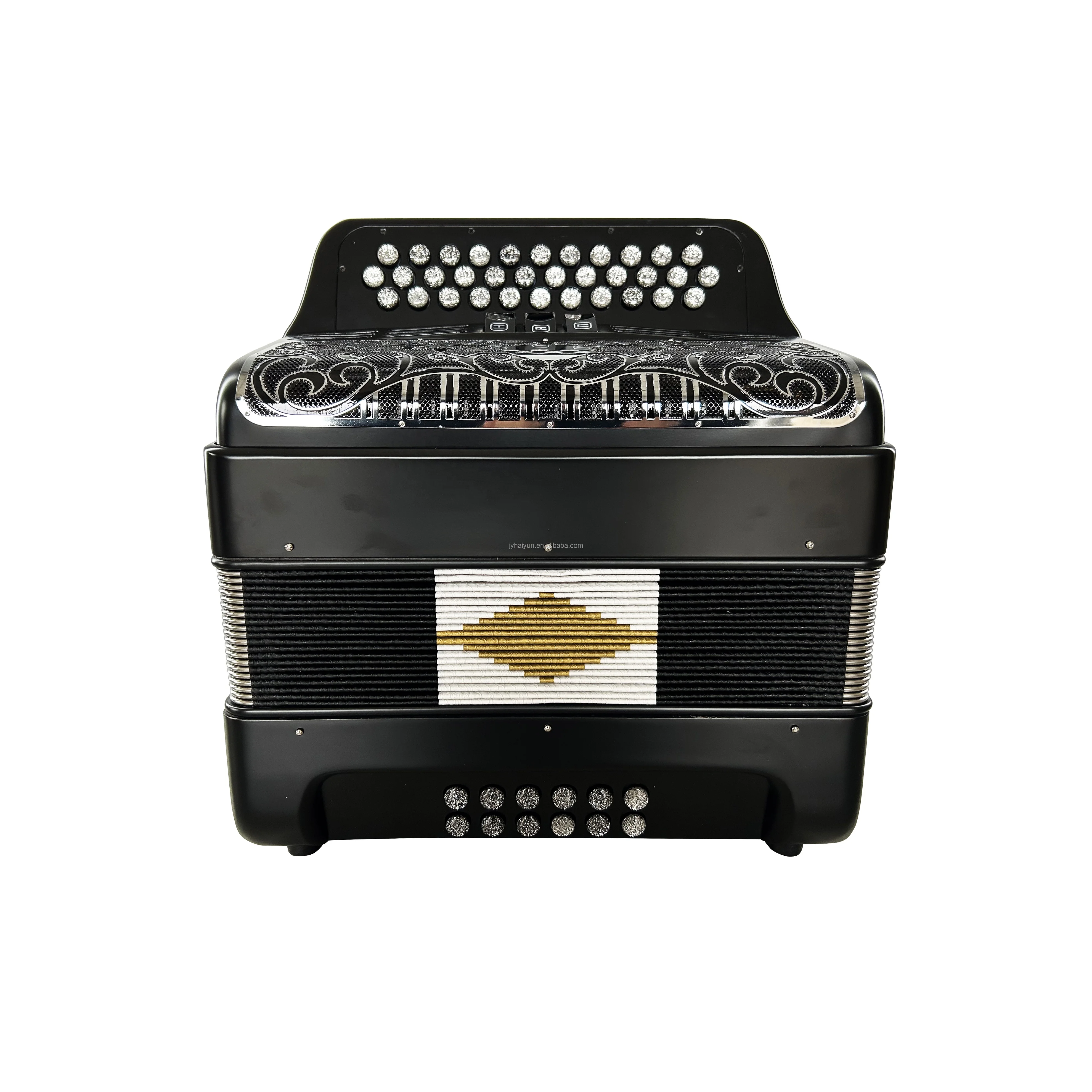 Professional 34-Button 12-Bass 3-Registers Black Matt Accordion Instrument Silver Buttons Black Silver Grill JB3412C Acrodeon
