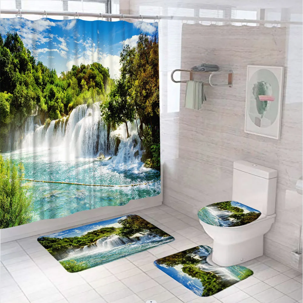 

Natural Scenery Shower Curtain Sets Forest Waterfall Spring Landscape Home Bathtub Decor Curtains Non-Slip Bath Mats Toilet Rugs