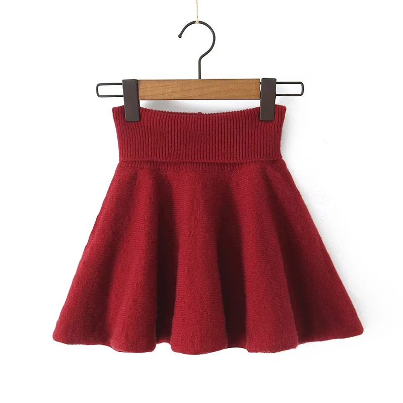 YENKYE  Autumn Winter Women Vintage High Waist Pleated Knit Mini Skirt Wine Red Black Skirts With Shorts  Lining