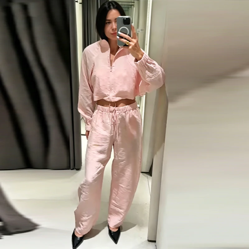 HXAO Übergroße Hosen-Sets Sommer Damenanzug Crop Loose Langarm-Oberteil 2-teiliges Set Weite Schnürhose Urlaubsoutfit Damen – Detail 8