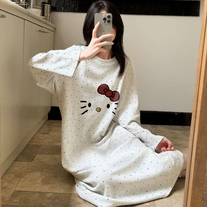 

Sanrio Hello Kitty женская спальная юбка Kawaii мультфильм осень с длинными рукавами пижамы для сна тонкий стиль домашняя одежда платье новое