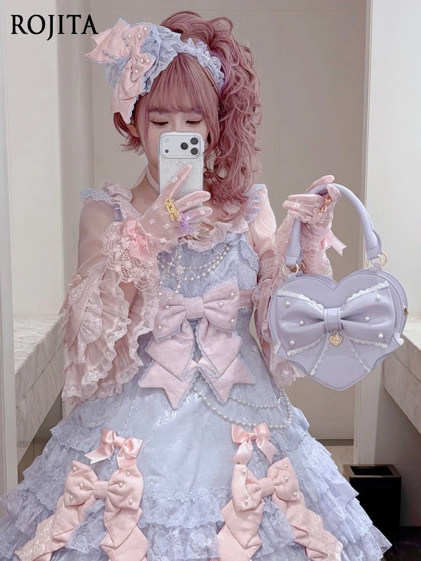 Sweet Lolita Lace Pearl Heart Shape Handbag Kawaii Bow Accent Shoulder Bag for Women Sweetheart Lolita Love Bag Crossbody Bag