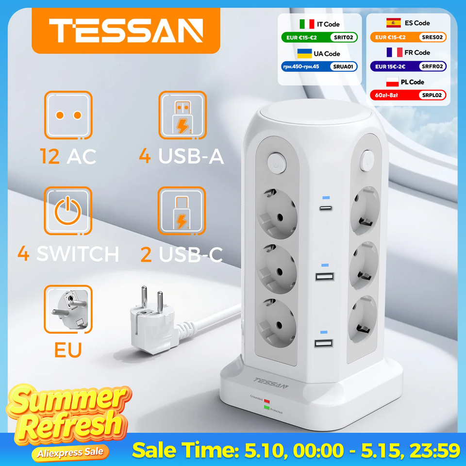  TESSAN EU Plug Tower Power Strip with 4 Single Switches Multiple Vertical Sockets with Surge Protection 2M/5M Extension Cable 