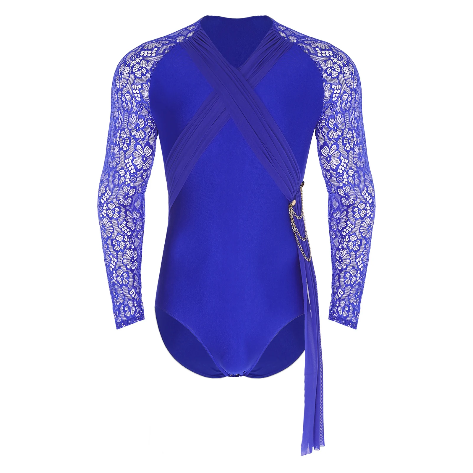 

Mens Latin Dance Bodysuit Sheer Floral Lace Long Sleeve Ruched Mesh Layer Rumba Leotard Jumpsuit for Ballet Chacha Gymnastics