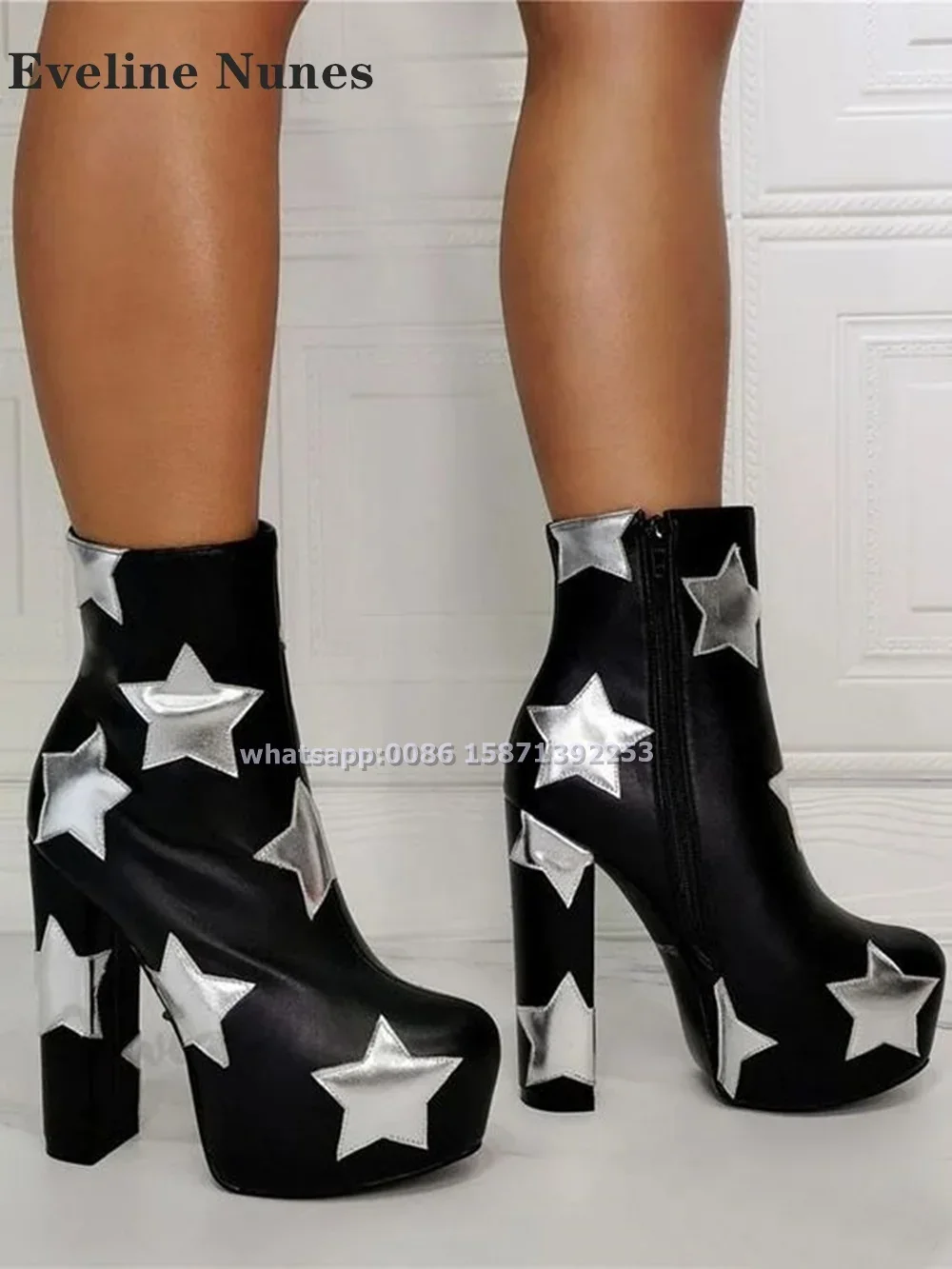 Print Star Zip Platform ﻿ankle Boots Round Toe Height Increasing Spicy Girl Modern Boots Mixed Colors Sexy Big Size Shoes Autumn