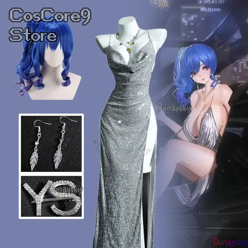 

Silver Sequins Sexy Evening Dress Game Azur Lane USS St. Louis Cosplay Costume Wig Accessories For Halloween Carnival Party
